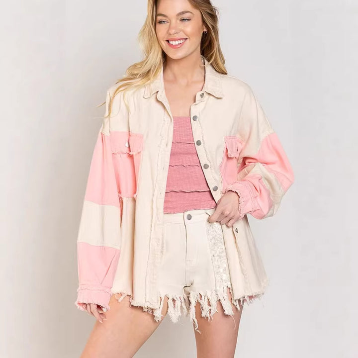 Damen Oversized Denim Jacke mit einzigartigen Farbblöcken und fransigen Details Drune