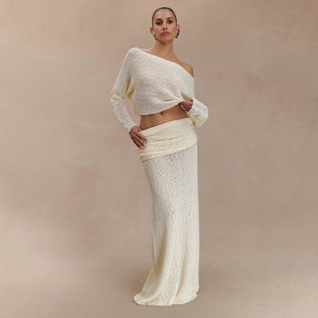 Damen elegantes Set aus Crop-Oberteil und Maxi-Rock mit Rüschendetails Drune