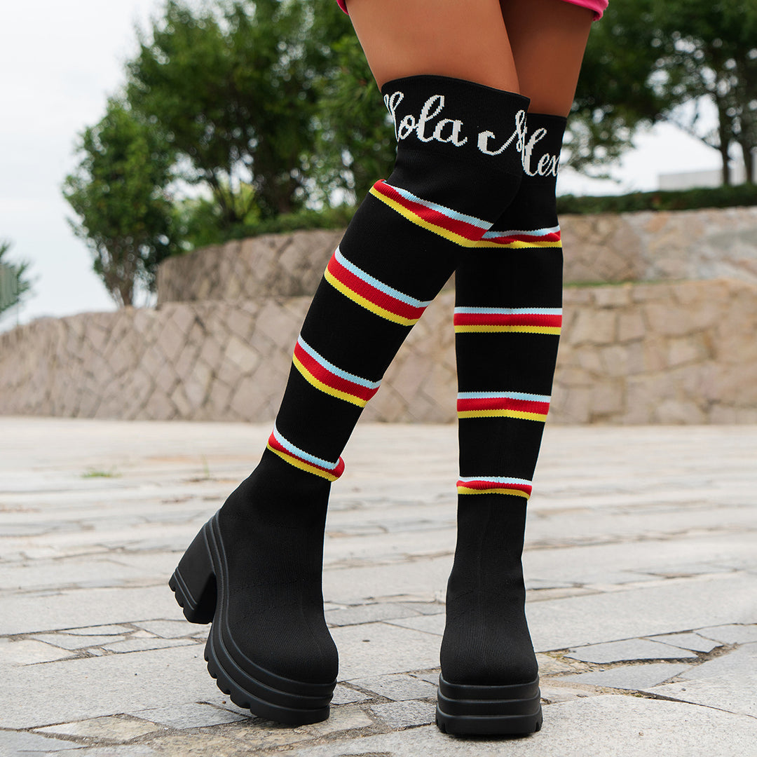 Damen Hochformat Stiefel mit buntem Streifenmuster und modischem Blockabsatz Drune
