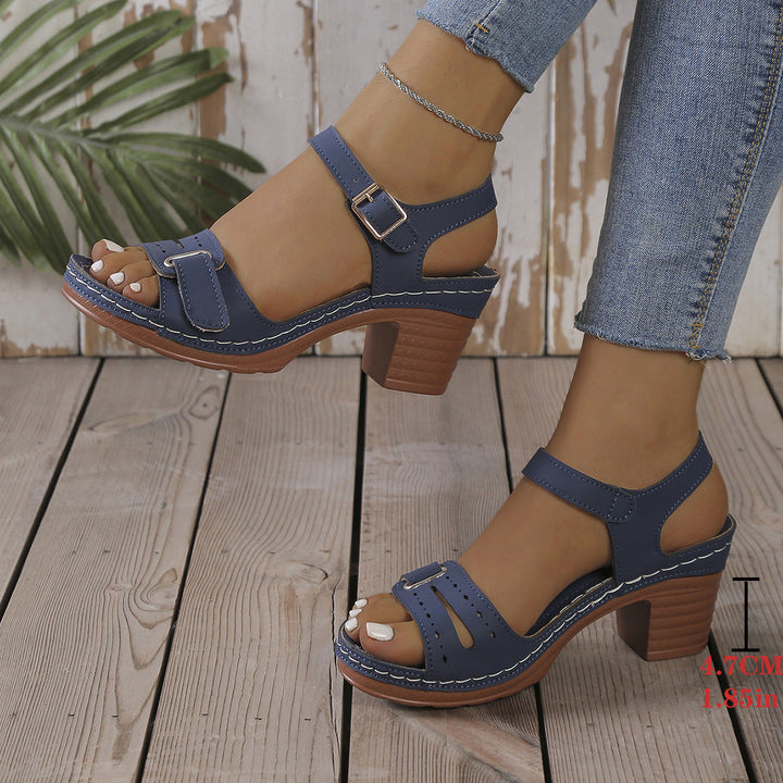 Damen modische Sandaletten mit eleganter Schnalle und Holz-Blockabsatz Drune