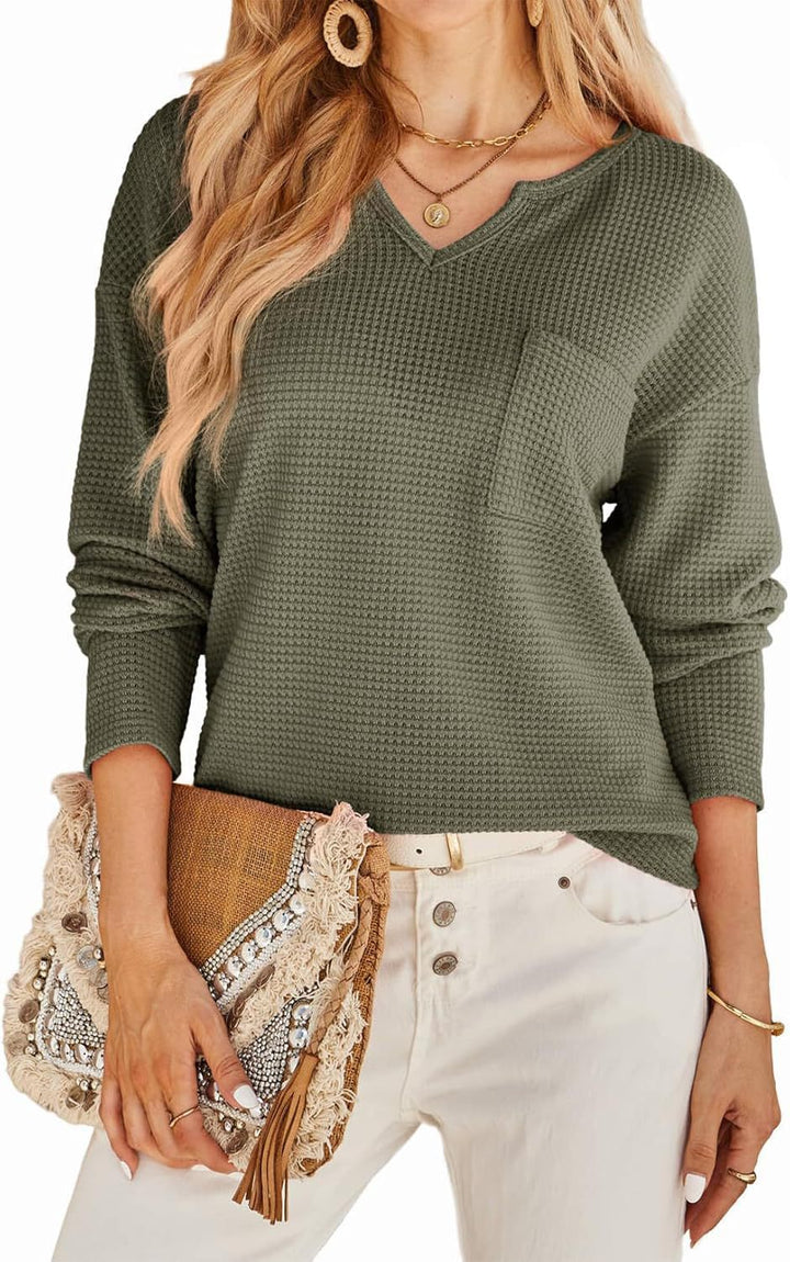 Damen lässiger V-Ausschnitt Pullover mit Taschen und strukturiertem Design Drune