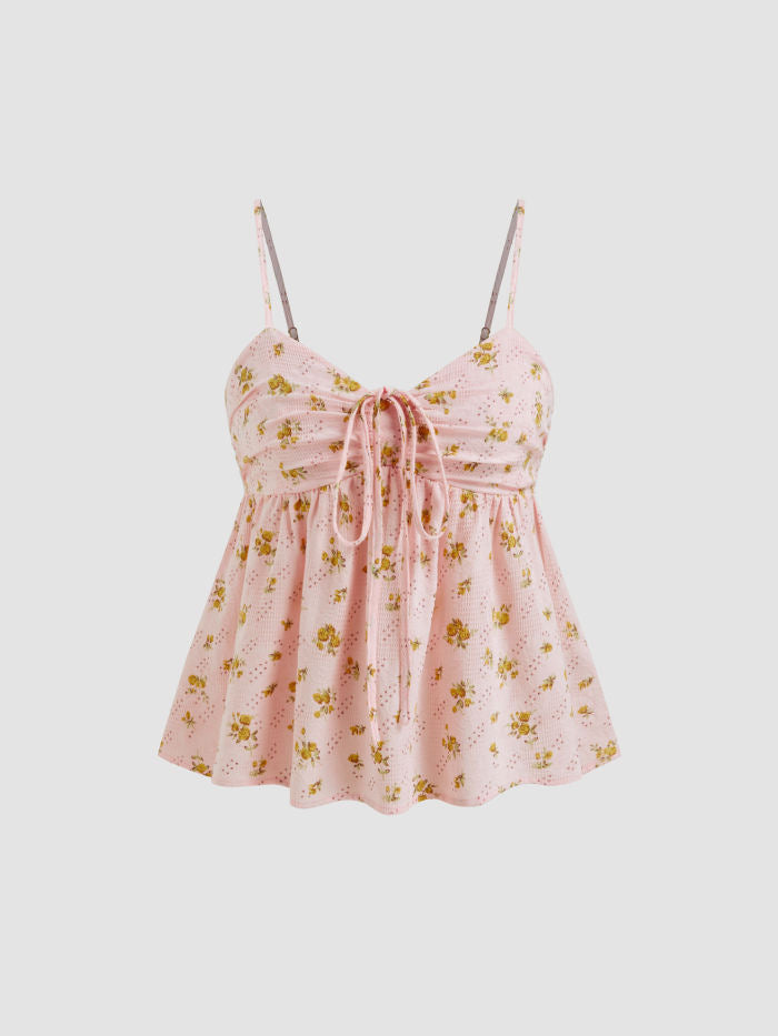 Damen blumiges Sommeroberteil mit dekorativem Kordelzug Drune