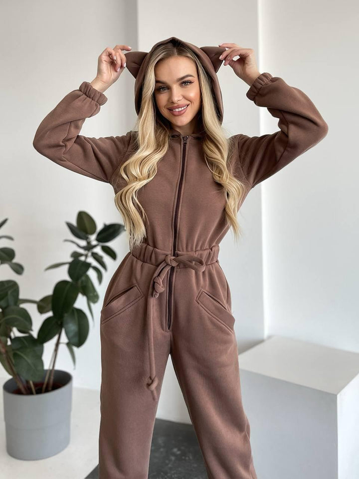 Damen Kuscheliger Jumpsuit mit Känguru-Taschen und Tierohren Drune