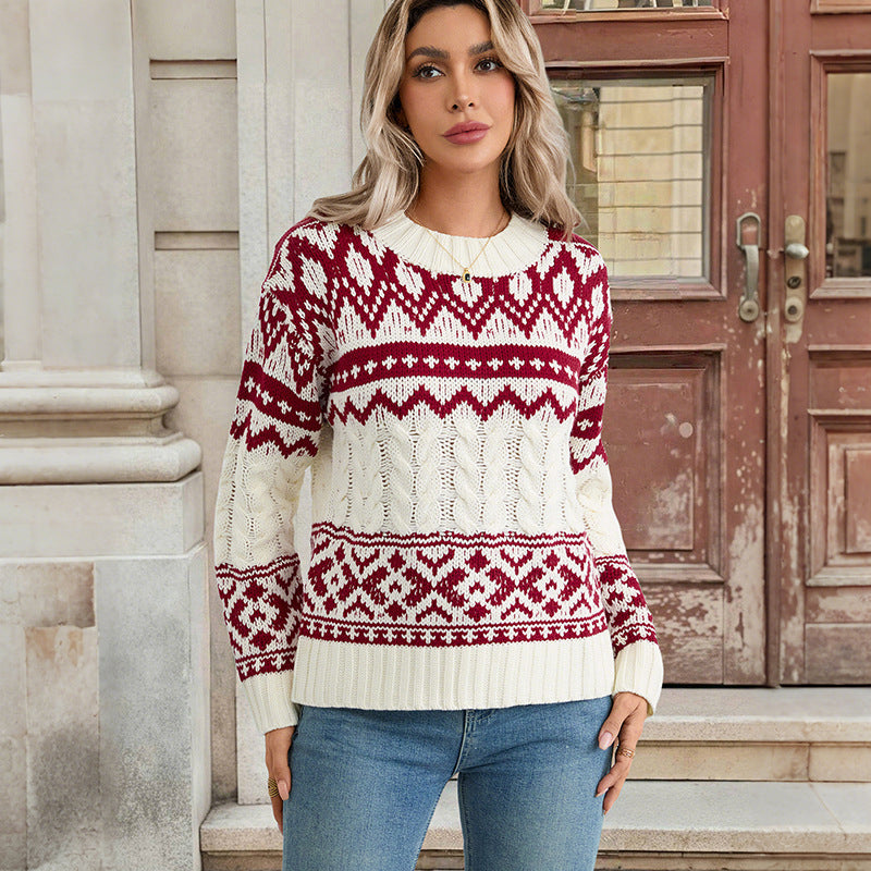 Damen gestrickter Pullover mit grafischem Norweger-Muster und hochgeschlossenem Kragen Drune