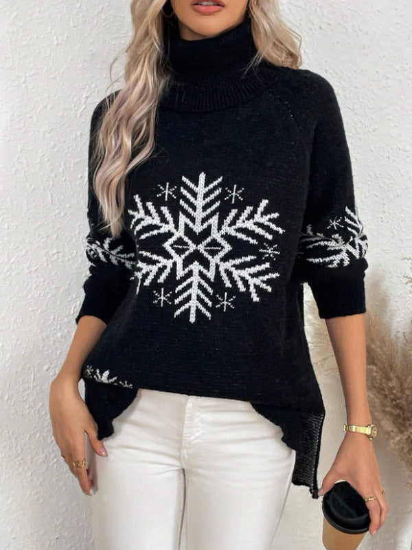 Damen Strickpullover mit hohem Kragen und festlichem Schneeflocken-Motiv Drune