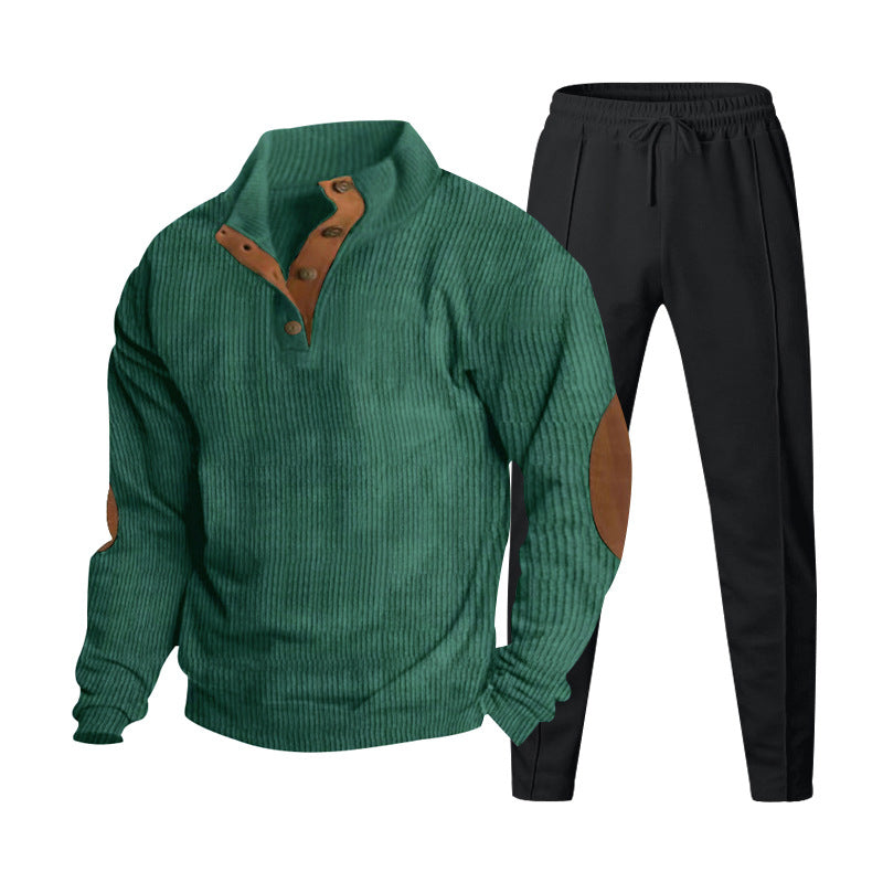 Herren nan gerippter Henley-Freizeitanzug mit dekorativer Knopfleiste und Wildleder-Ellenbogenpatch konisch geschnittene Jogginghose Drune