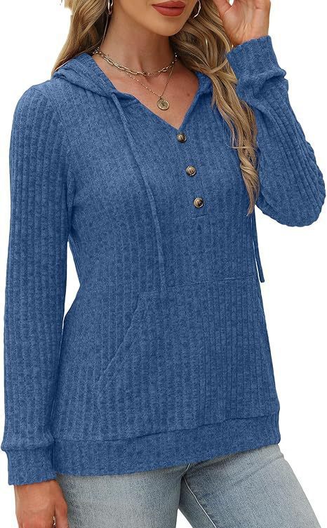 Damen kuscheliger Kapuzenpullover mit Knopfleiste und seitlichen Taschen Drune