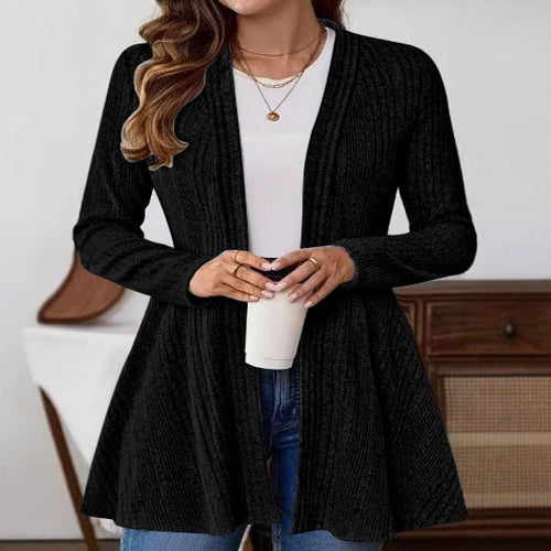 Damen lange Strickjacke mit modernem Rippdesign und Taillierung Drune
