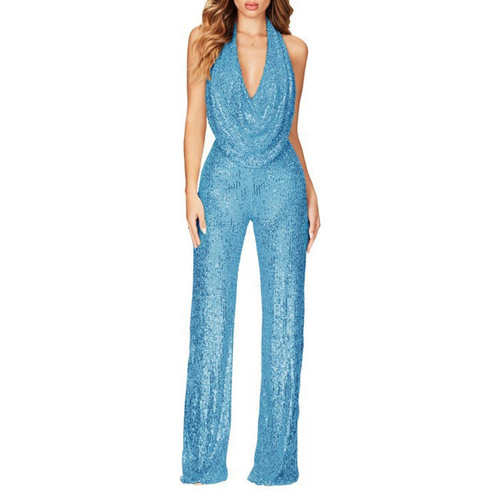 Damen Glamouröser Jumpsuit mit schimmerndem Paillettenbesatz und tiefem V-Ausschnitt Drune