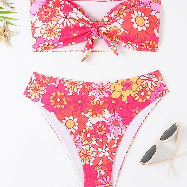 Damen Bandeau Bikini mit modischem Blumenmuster und verspieltem Knotendetail Drune