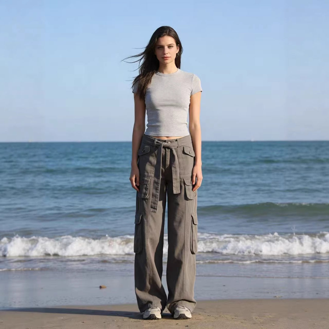 Damen modische weite Cargo-Hosen mit Gürtel und Taschen Drune