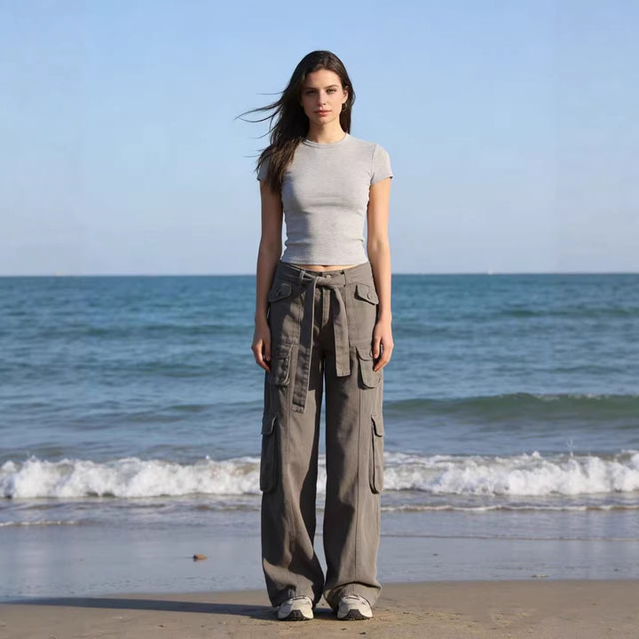 Damen modische weite Cargo-Hosen mit Gürtel und Taschen Drune