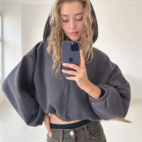 Damen nan oversized Kapuzenjacke kurz geschnitten mit elastischem Saum und Ballonärmeln Drune