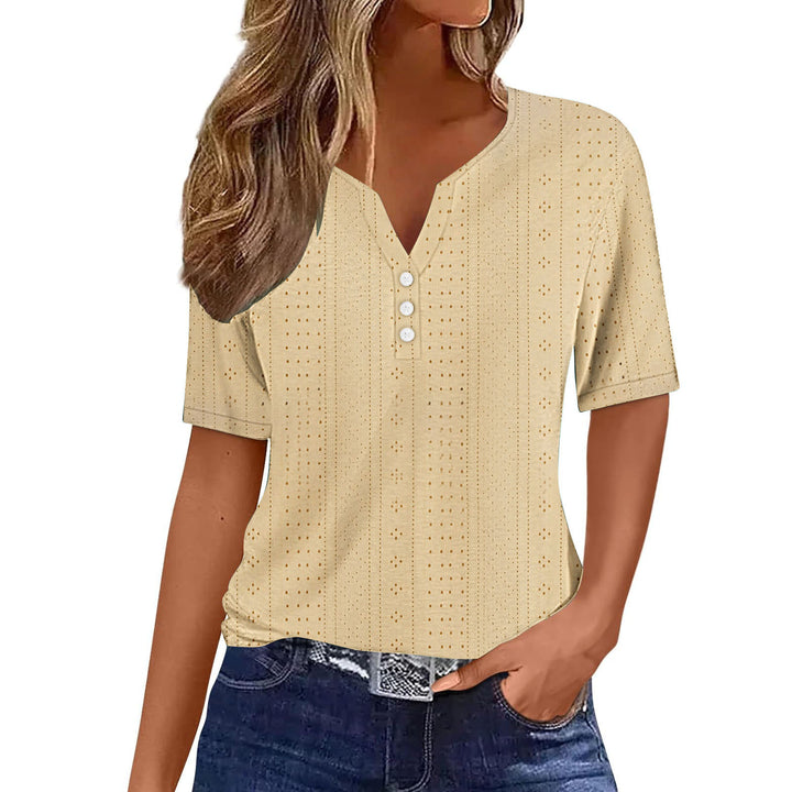 Damen kurzärmeliges T-Shirt mit Knopfdetails und eingewebtem Muster Drune