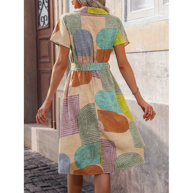 Damen Hemdkleid mit buntem geometrischem Muster und Taillengürtel Drune