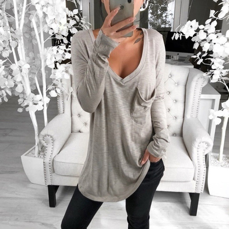 Damen Lässiges Langarmshirt mit tiefem V-Ausschnitt und Brusttasche Drune