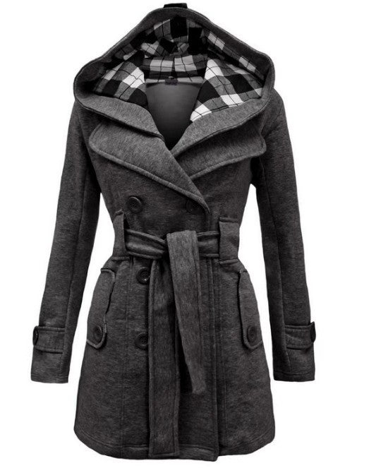 Damen eleganter Mantel mit Kapuze und Karomuster Drune