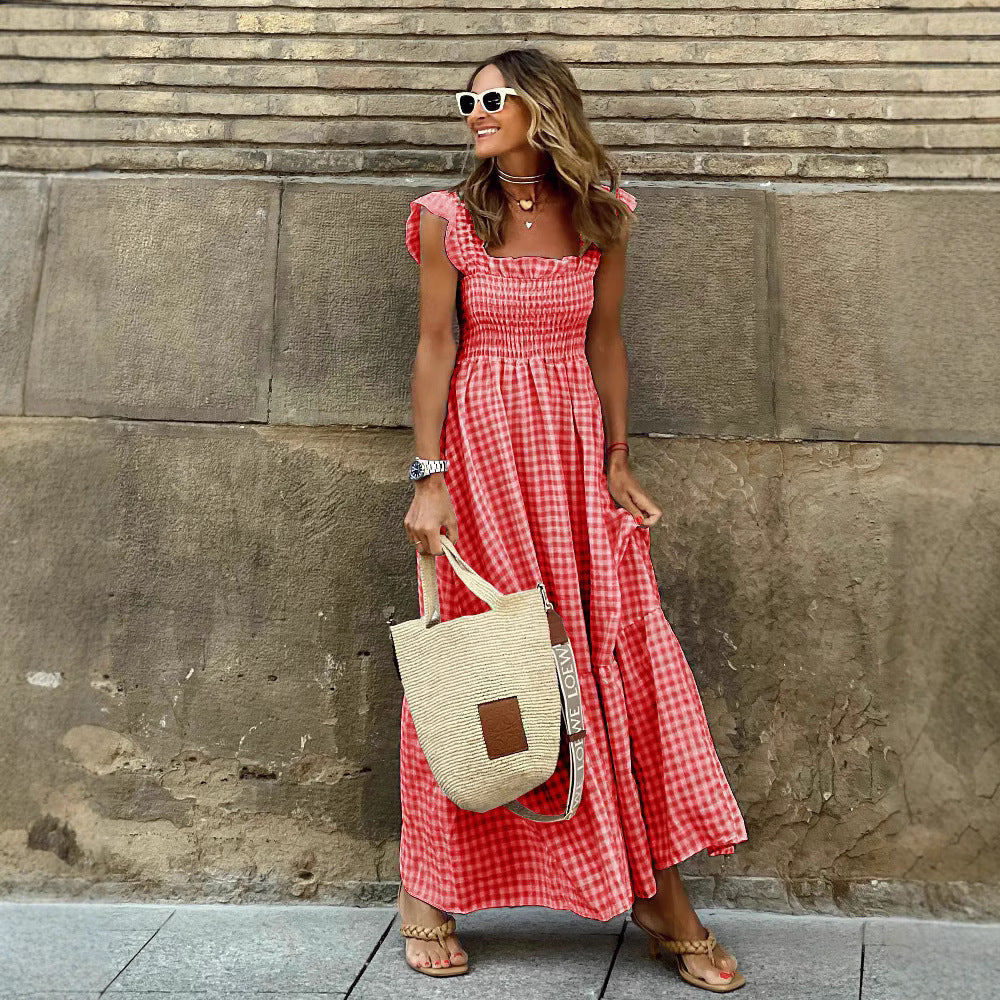 Damen Langes Gingham-Maxi-Kleid mit Rüschen Drune