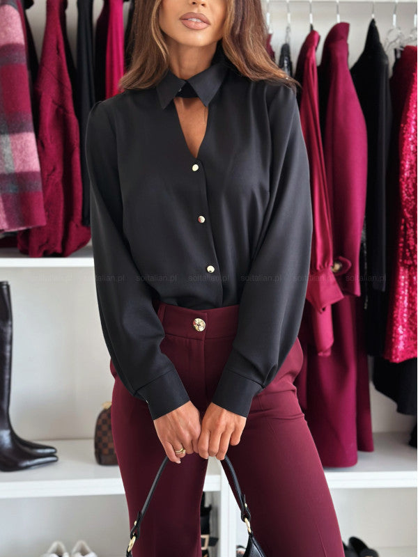 Damen Elegante Bluse mit schickem Kragen und dekorativen Knöpfen Drune