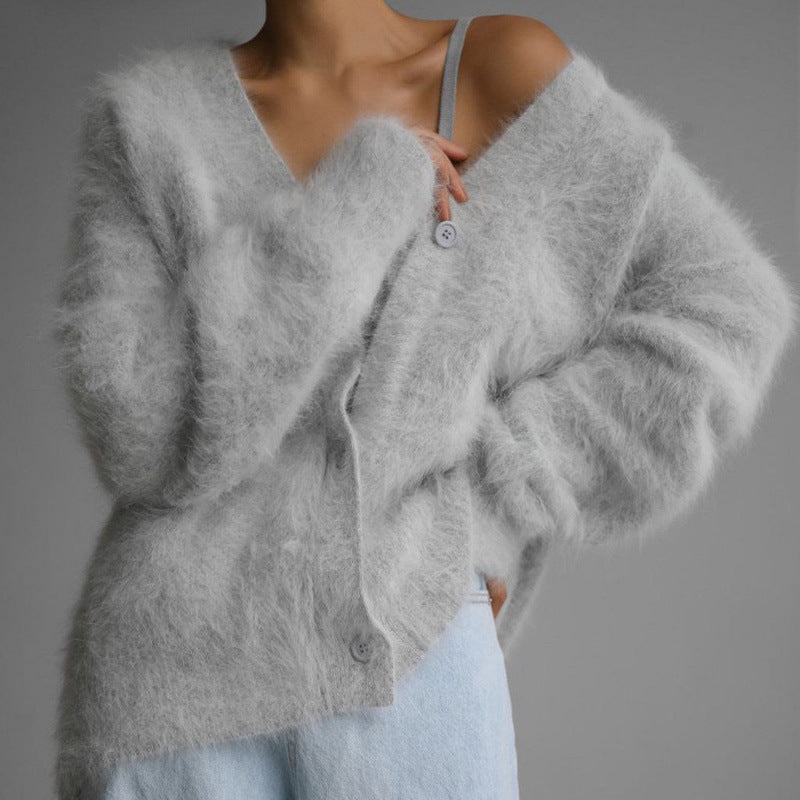 Damen flauschiger Cardigan mit V-Ausschnitt und übergroßem Schnitt Drune