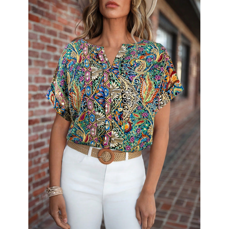 Damen Kurzarm Bluse mit buntem Druck und V-Ausschnitt Drune