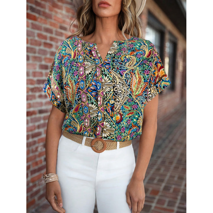 Damen Kurzarm Bluse mit buntem Druck und V-Ausschnitt Drune