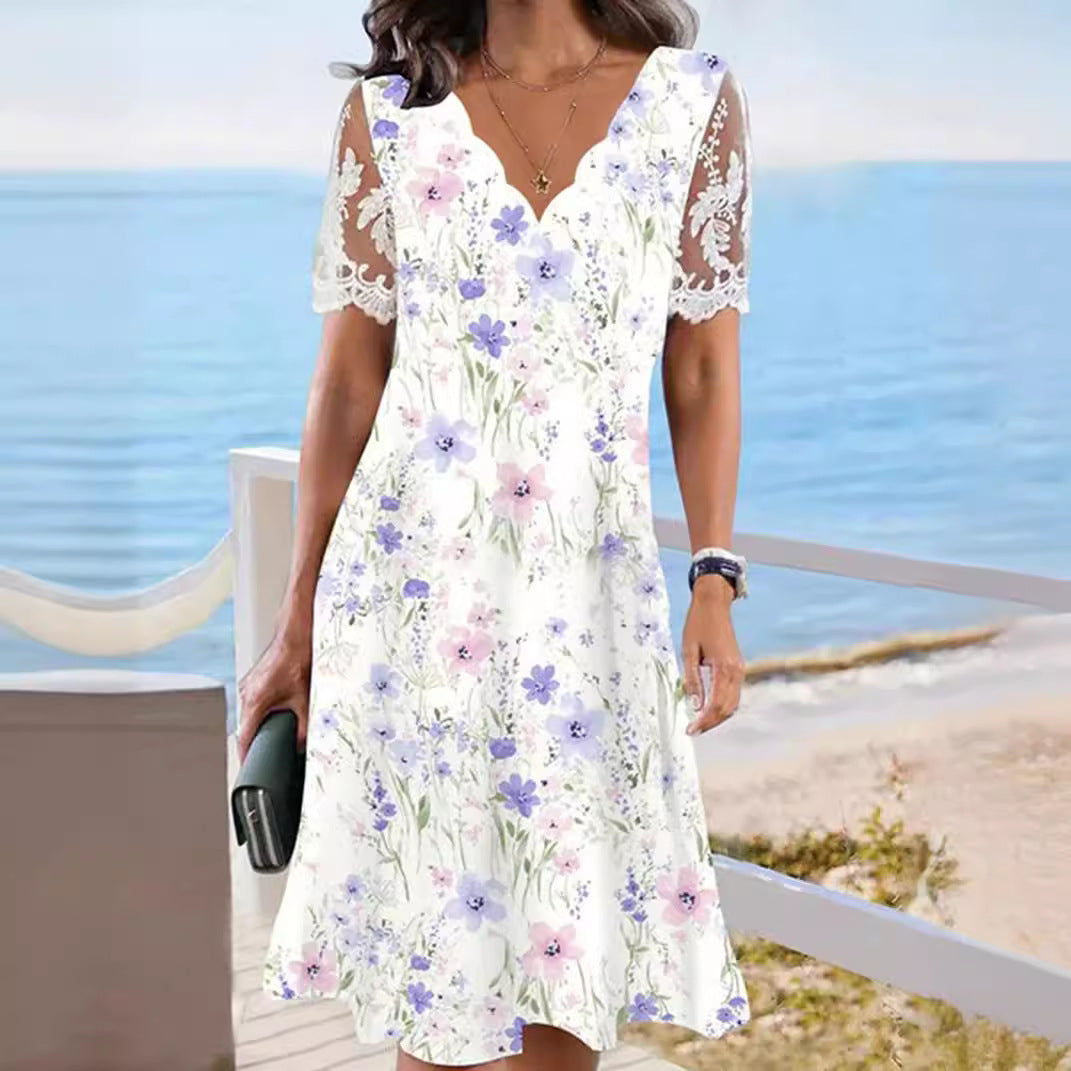 Damen nan A-Linien-Midikleid mit wellenförmigem V-Ausschnitt, ganzflächigem Blumenmuster und transparenten Spitzenärmeln Drune