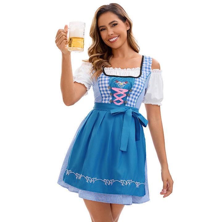 Damen nan traditionelles kariertes Mini Dirndl mit Stickerei, Schnürung und Schürze Drune