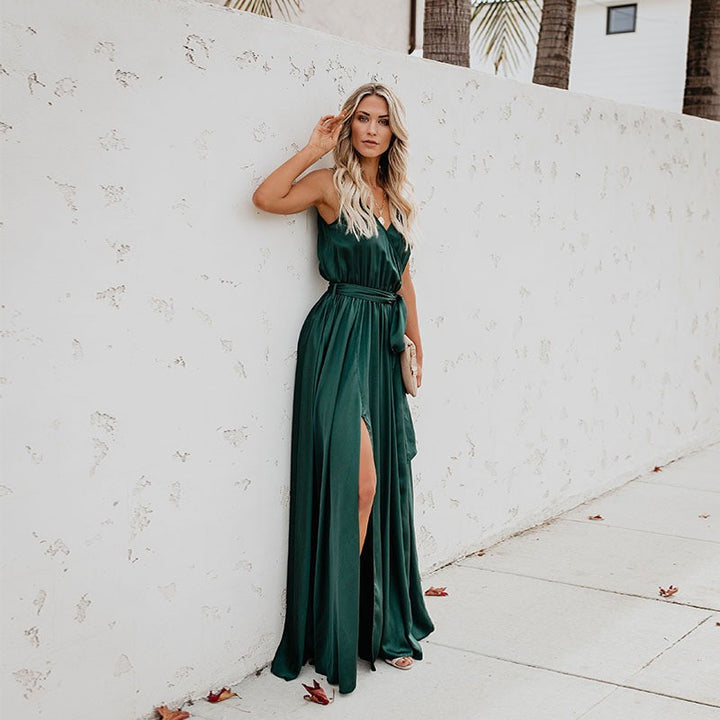 Damen Maxikleid mit hoher Teilung und elegantem Taillengürtel Drune