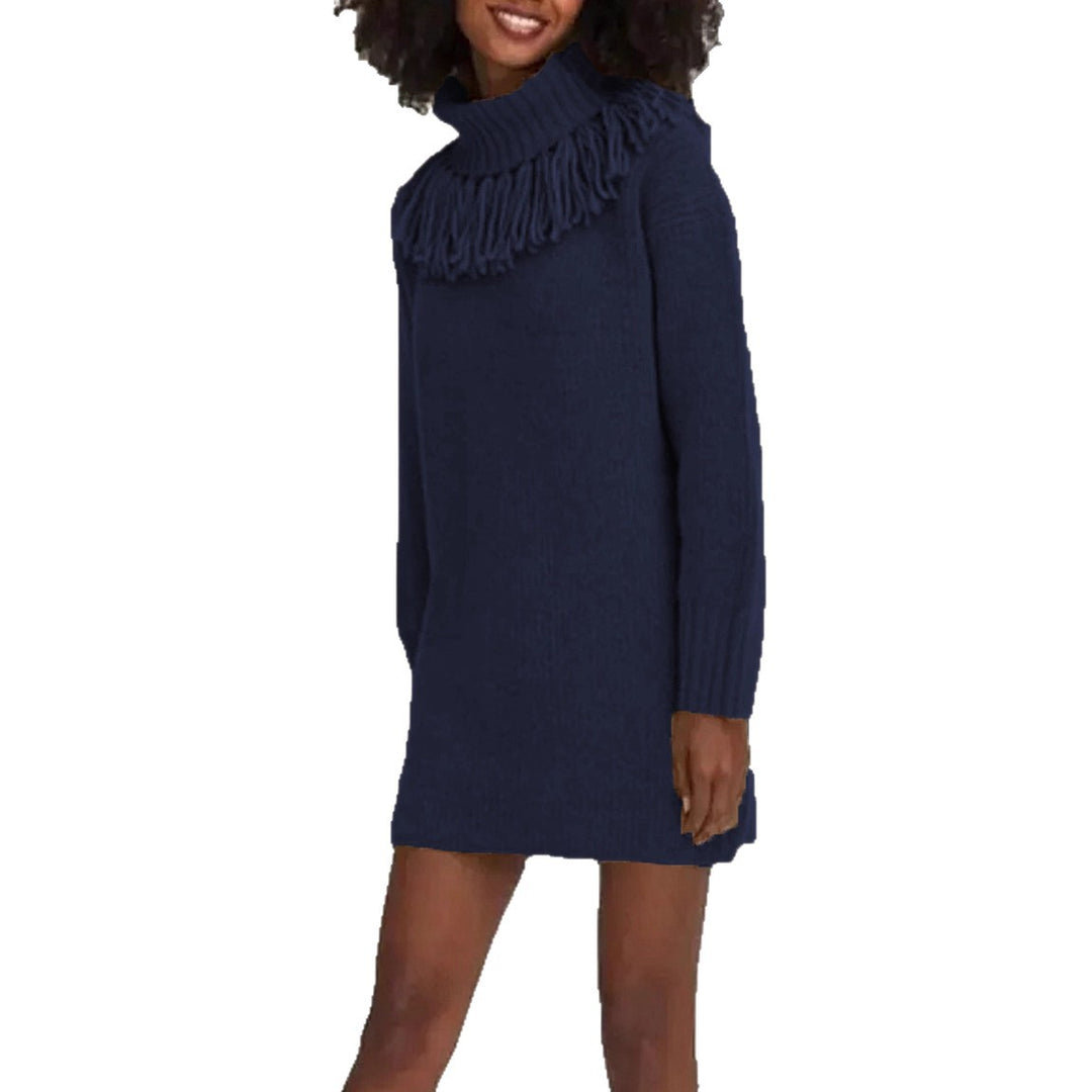 Damen Strickkleid mit hohem Rollkragen und modischen Fransen Drune