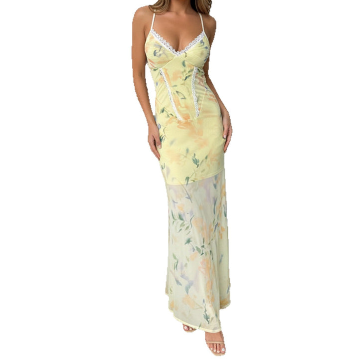 Damen Blumen Maxikleid mit raffinierten Spaghettiträgern und Spitzen-Akzenten Drune