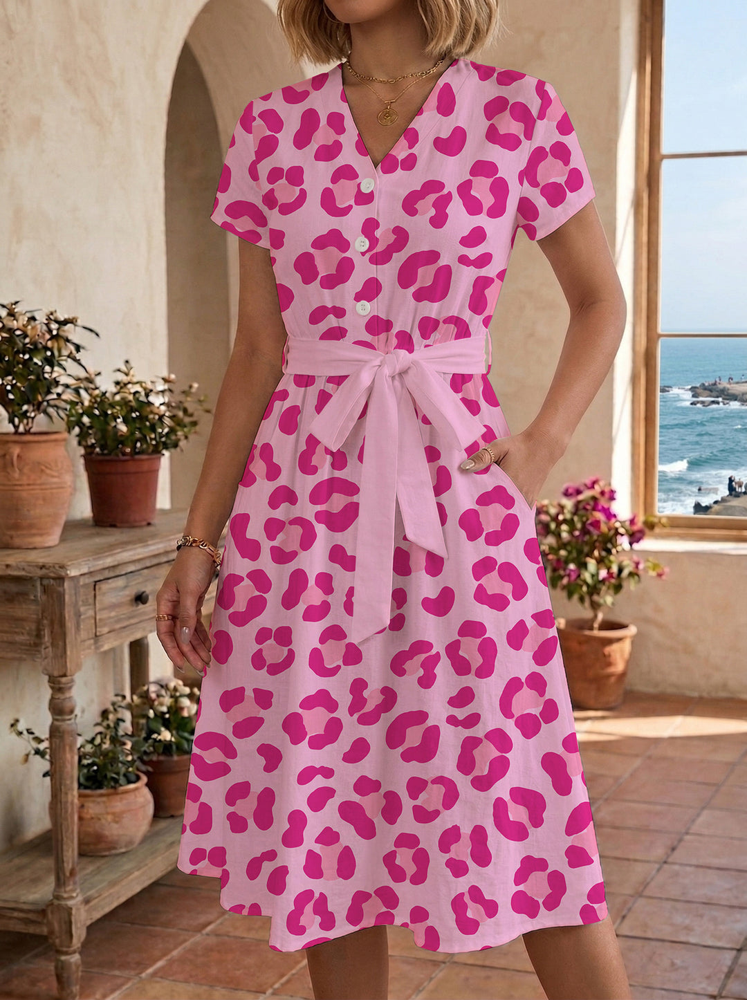 Damen lässiges Kleid mit modernem Leoprint und taillierbarem Gürtel Drune