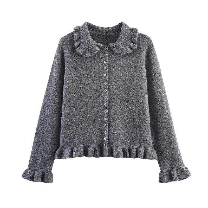 Damen Strickjacke mit frillenden Abschlüssen und dekorativem Kragen Drune