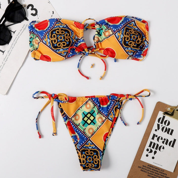 Damen Bandeau-Bikini mit aufregendem Mustermix und verstellbaren Trägern Drune