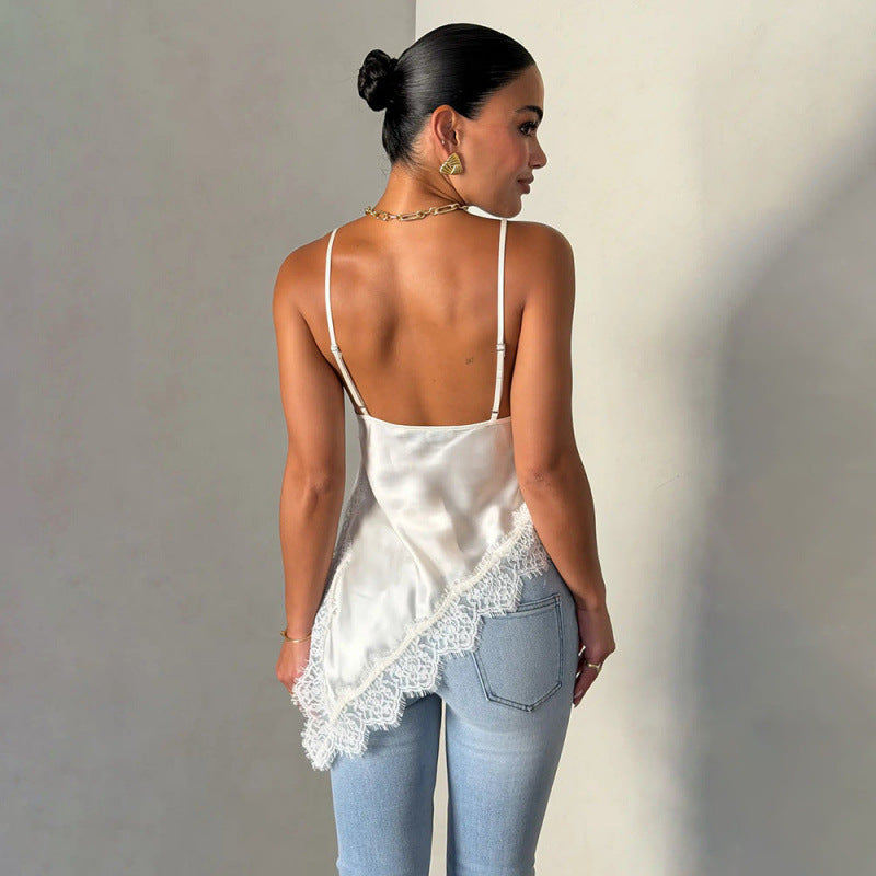 Damen Satin Top mit Spitzenverzierungen Drune