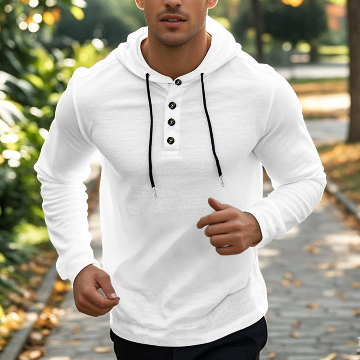 Herren nan Henley-Kapuzenpullover mit Knopfleiste und verstellbarem Kordelzug Drune