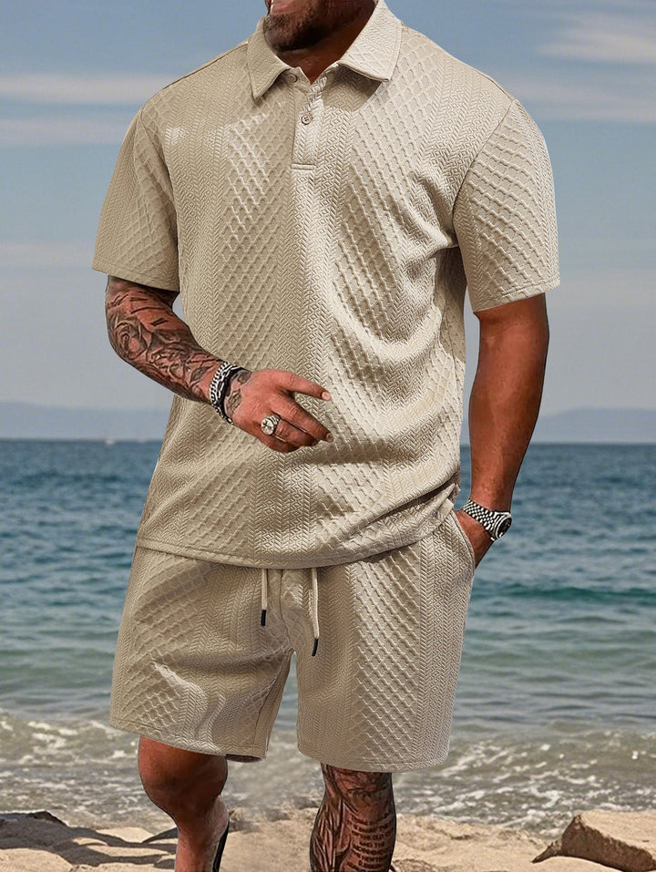 Herren nan geprägtes Strand-Ensemble mit offenem Kurzarm-Hemd und Kordel-Bermuda Drune