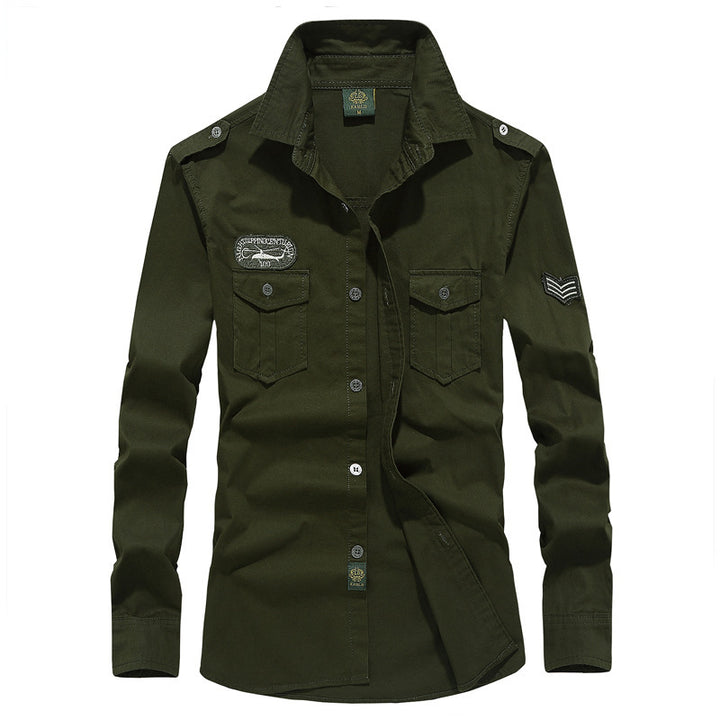 Herren nan militärisches Langarmhemd mit Schulterklappen, aufgesetzten Brusttaschen und Stick-Details Drune