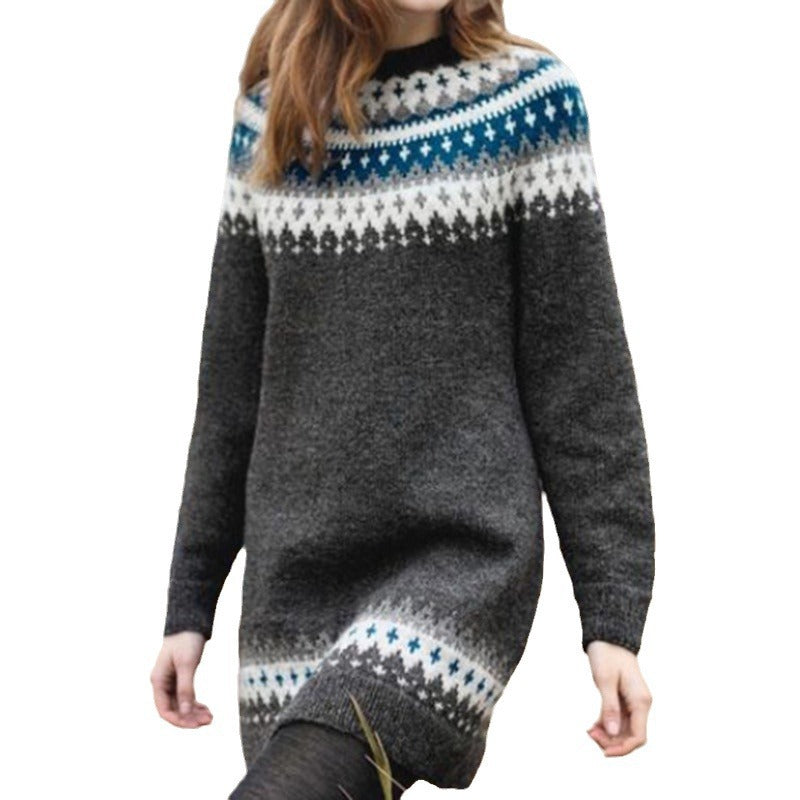 Damen Strickkleid mit verspielt nordischem Muster und hohem Kragen Drune