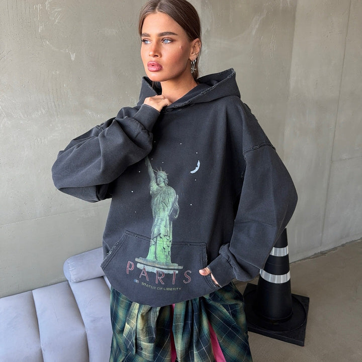 Damen Oversized Kapuzenpullover mit Kunstdruck Drune