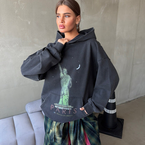 Damen Oversized Kapuzenpullover mit Kunstdruck Drune