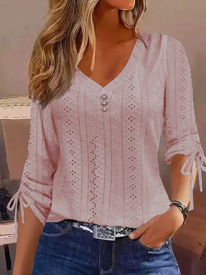 Damen Blusenshirt mit raffiniertem Lochmuster und Knopfdetails Drune