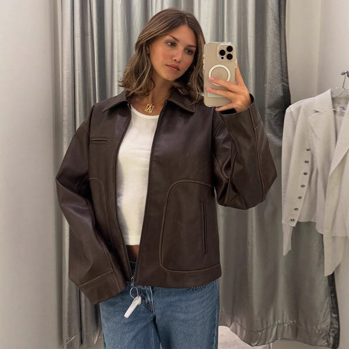 Damen modische Kunstlederjacke mit praktischen Eingrifftaschen und stylishen Details Drune