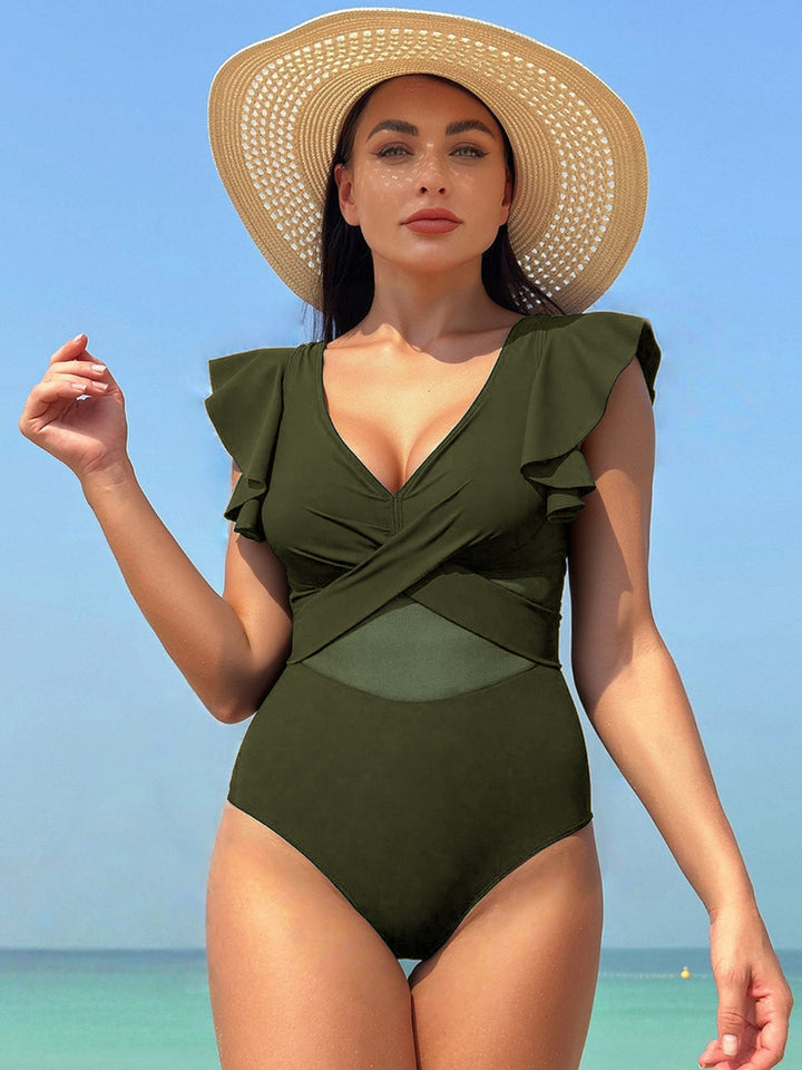 Damen Eleganter Einteiler Badeanzug mit asymmetrischem Rüschendesign Drune
