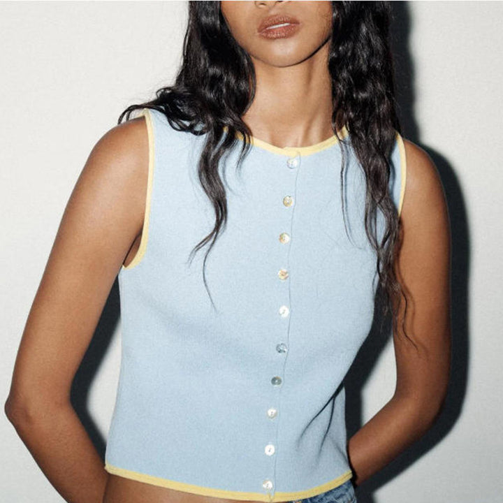 Damen ärmelloses Strickoberteil mit dekorativen Knopfdetails Drune