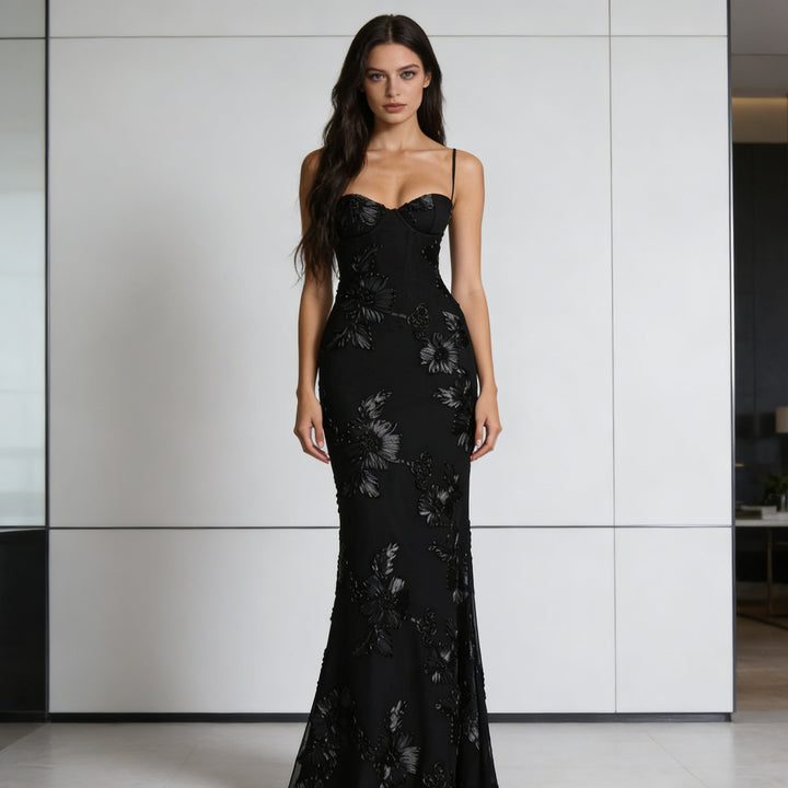 Damen Elegantes Figurbetontes Abendkleid mit floralen Stickereien Drune