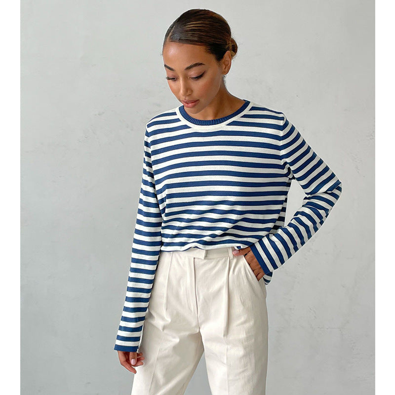 Damen gestreifter Langarm-Sweater mit Rundhalsausschnitt und weitem Schnitt Drune
