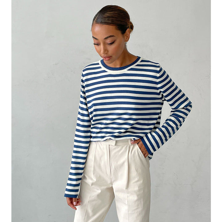 Damen gestreifter Langarm-Sweater mit Rundhalsausschnitt und weitem Schnitt Drune