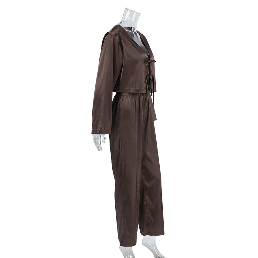 Damen elegantes Satin-Hose-Set mit tiefem V-Ausschnitt und Kordelzug Drune