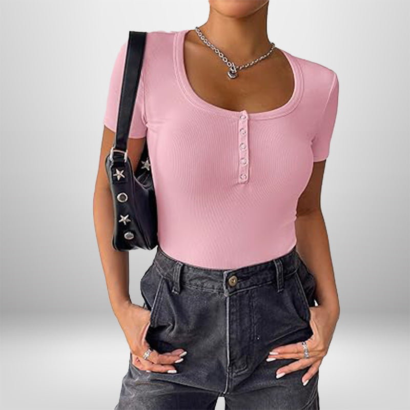 Damen Kurzarm Bodysuit mit Knopfdetails und figurbetonter Silhouette Drune